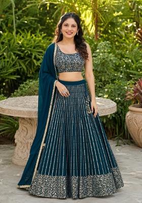 Olive Embroidery Georgette Lehenga Set