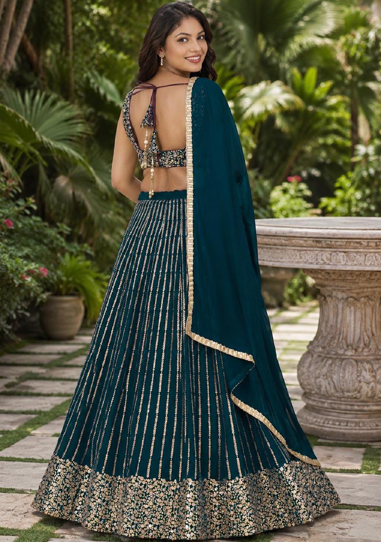 Olive Embroidery Georgette Lehenga Set - Indya