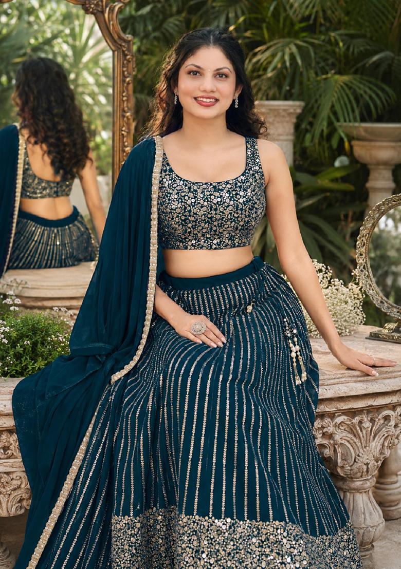 Olive Embroidery Georgette Lehenga Set - Indya