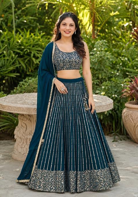 Olive Embroidery Georgette Lehenga Set