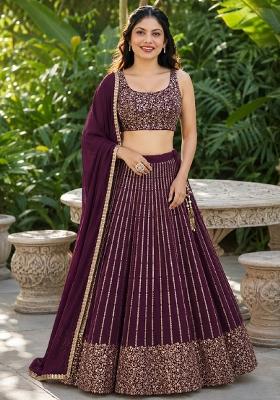 Wine Embroidery Georgette Lehenga Set