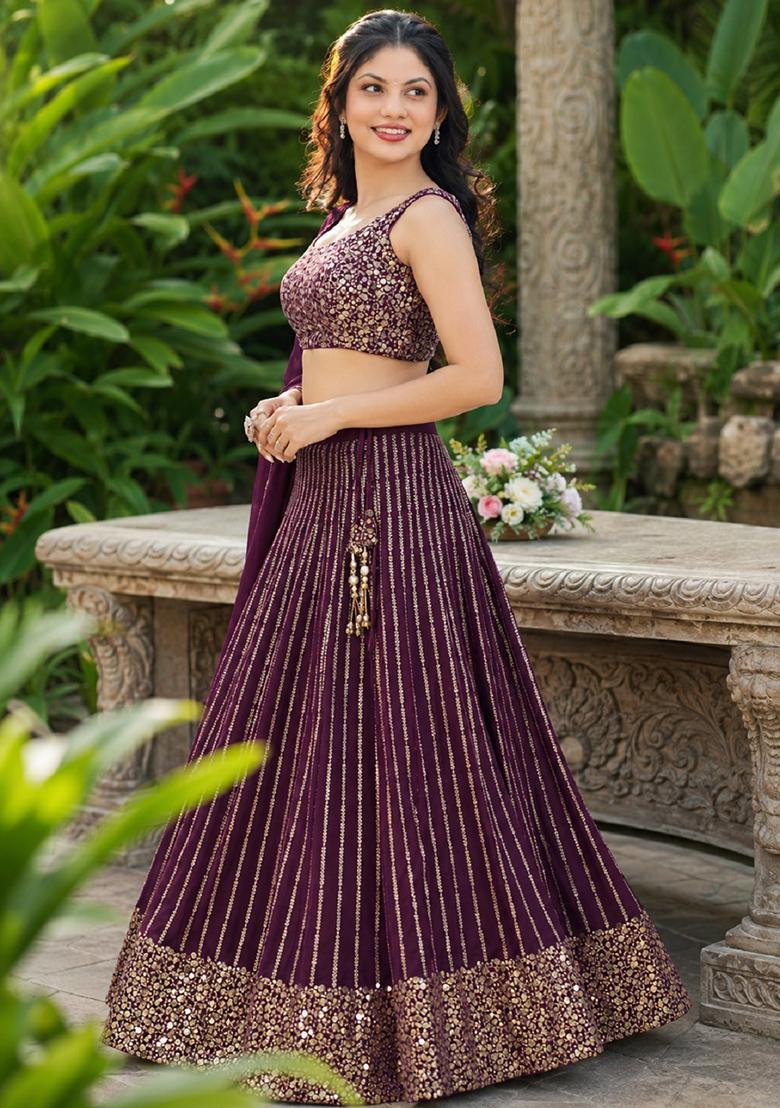 Wine Embroidery Georgette Lehenga Set - Indya