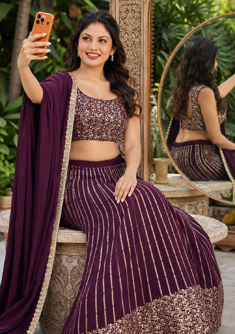 Wine Embroidery Georgette Lehenga Set - Indya