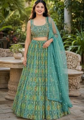 Green Embroidery Organza Lehenga Set