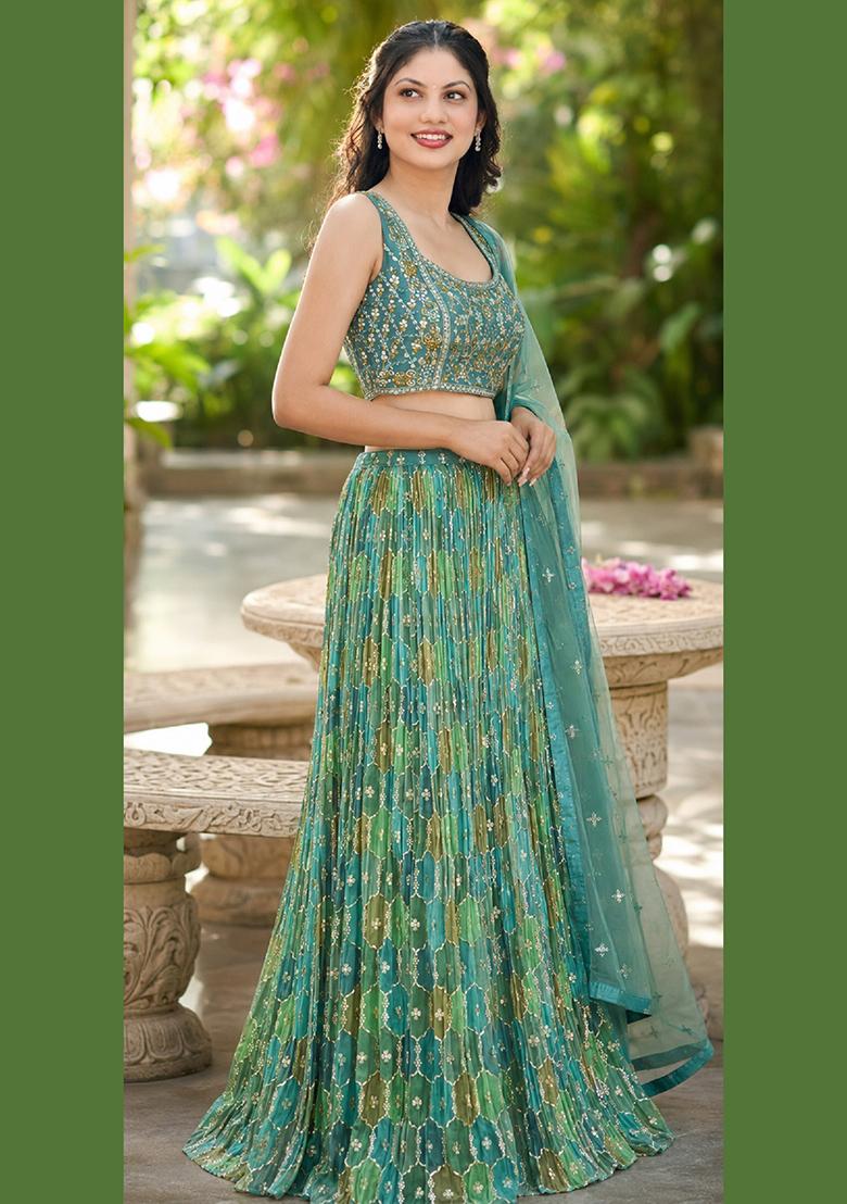 Green Embroidery Organza Lehenga Set - Indya