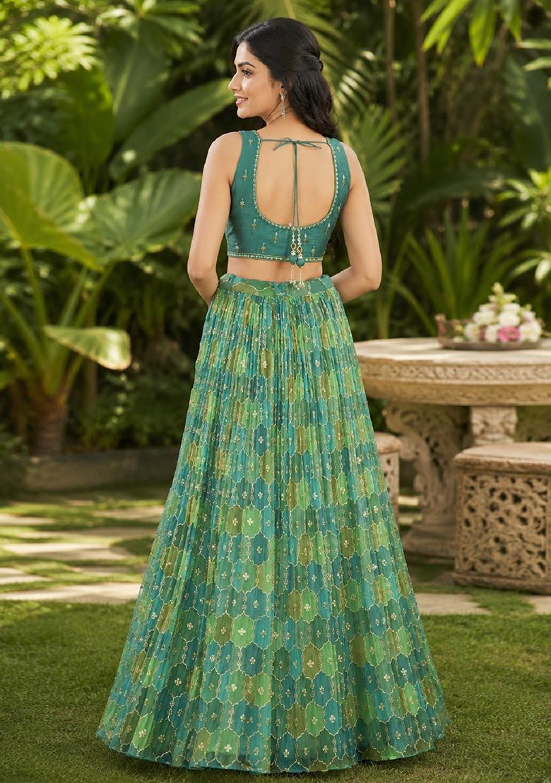 Green Embroidery Organza Lehenga Set - Indya