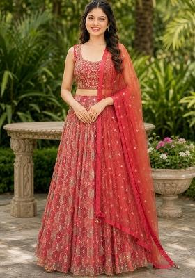 Brown Embroidery Organza Lehenga Set