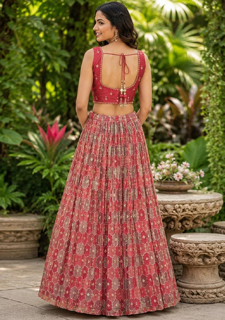 Brown Embroidery Organza Lehenga Set - Indya