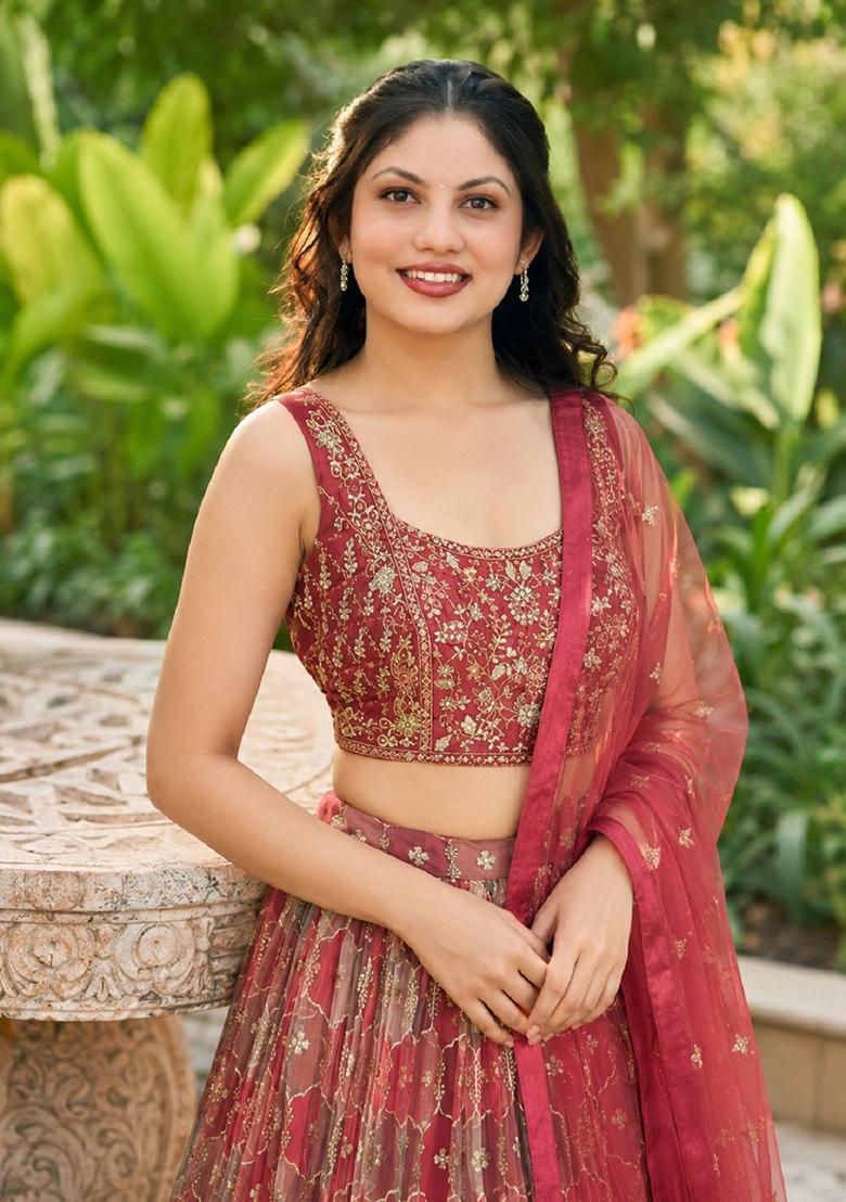 Brown Embroidery Organza Lehenga Set - Indya