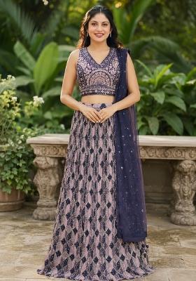 Blue Embroidery Organza Lehenga Set