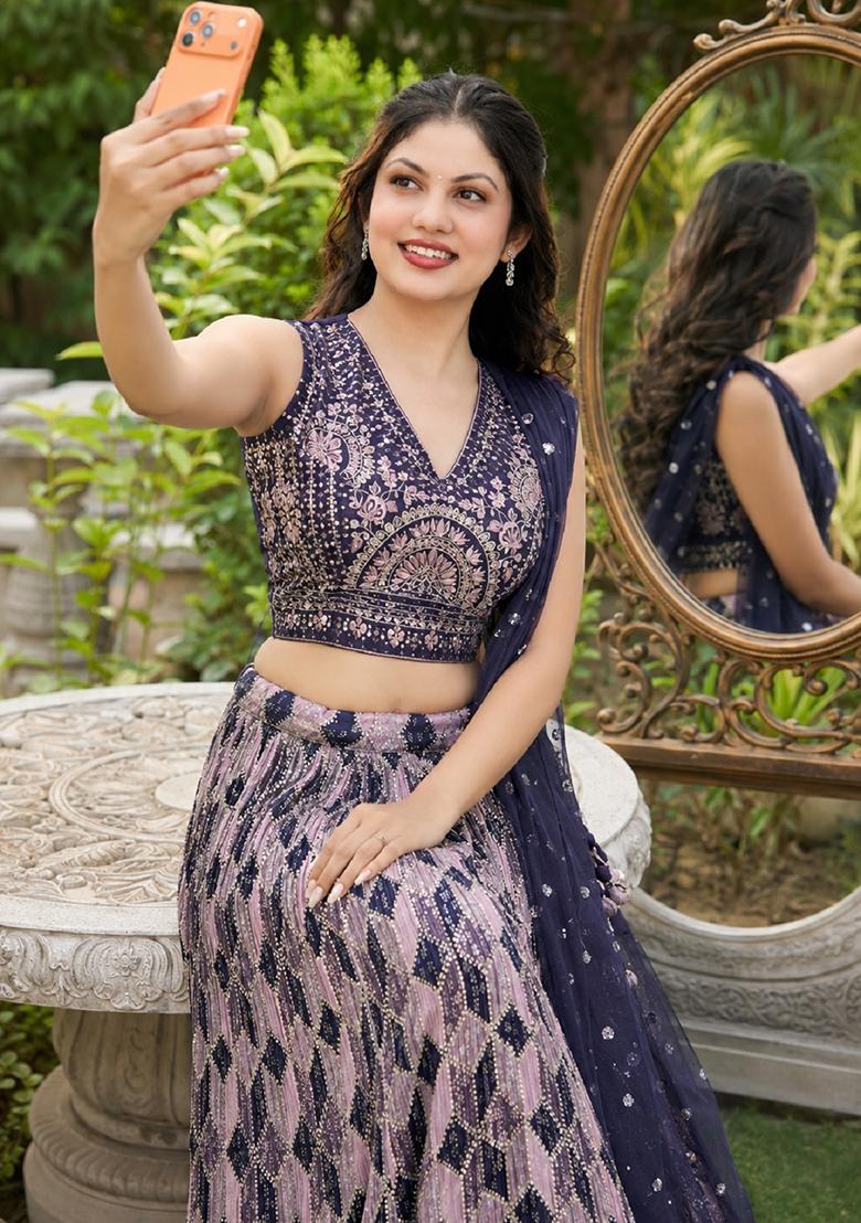 Blue Embroidery Organza Lehenga Set - Indya