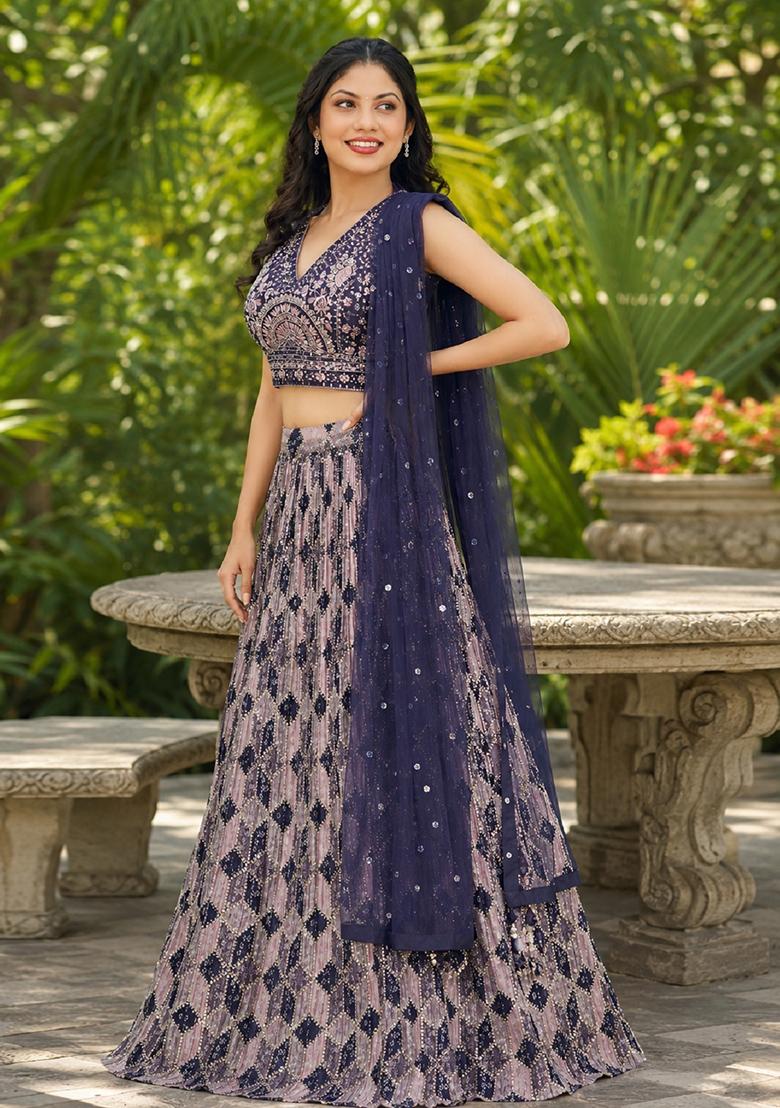 Blue Embroidery Organza Lehenga Set - Indya
