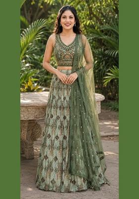 Green Embroidery Organza Lehenga Set