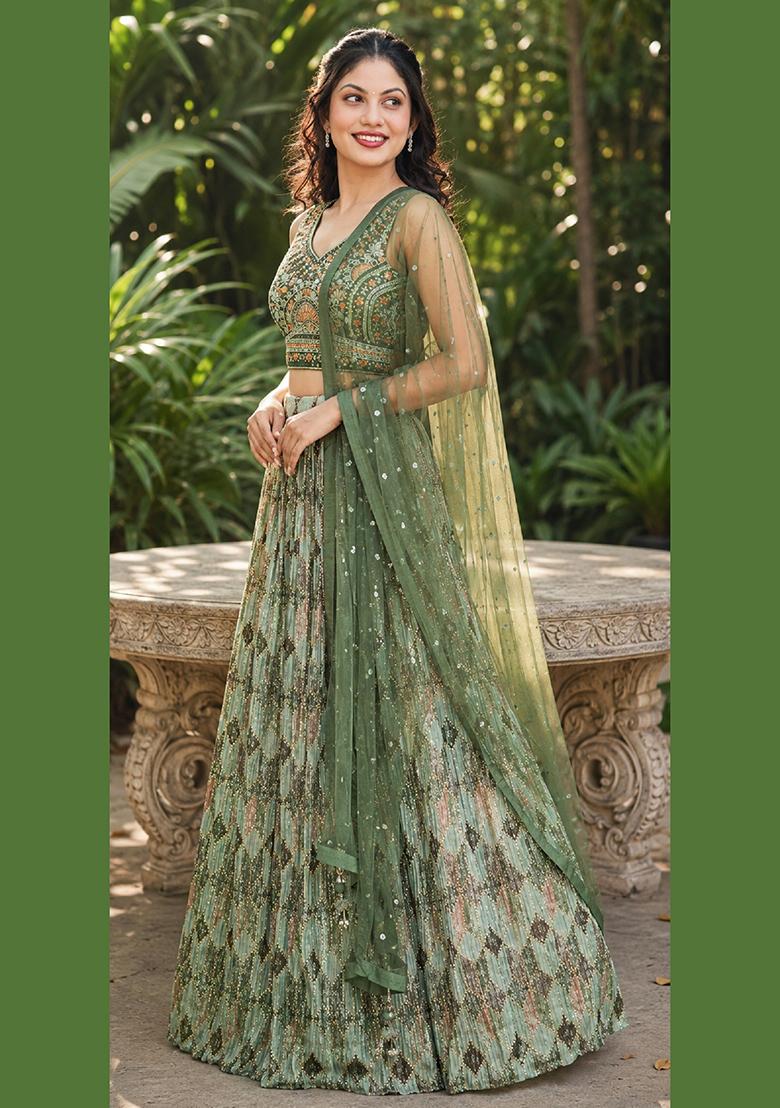 Green Embroidery Organza Lehenga Set - Indya