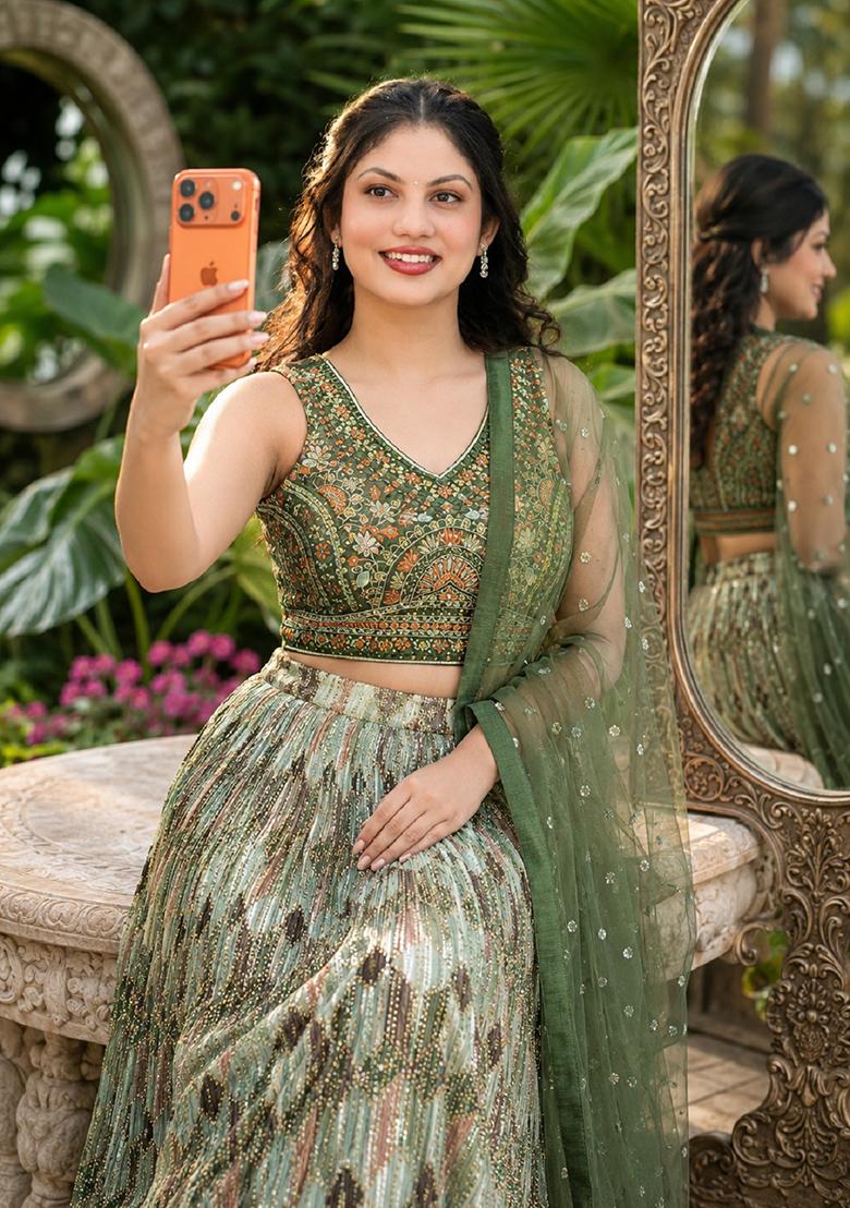 Green Embroidery Organza Lehenga Set - Indya