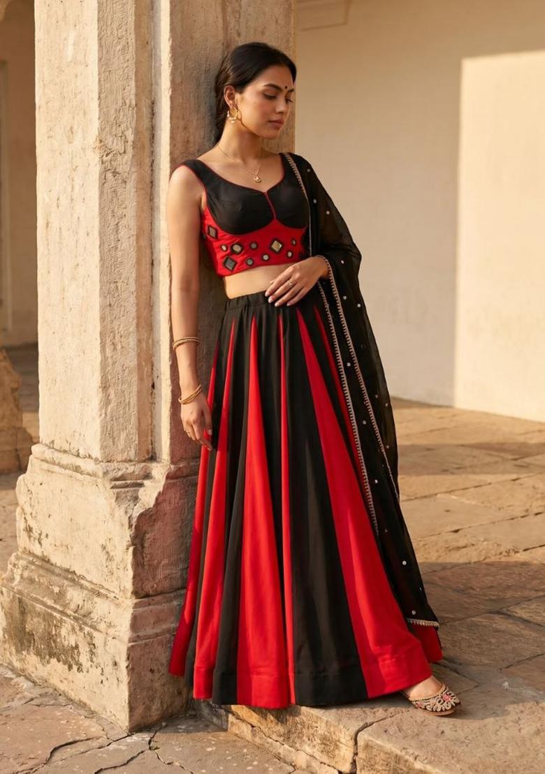 Black Embroidery Cotton Lehenga Set - Indya