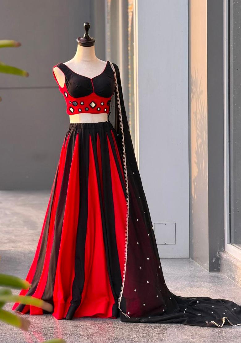 Black Embroidery Cotton Lehenga Set - Indya