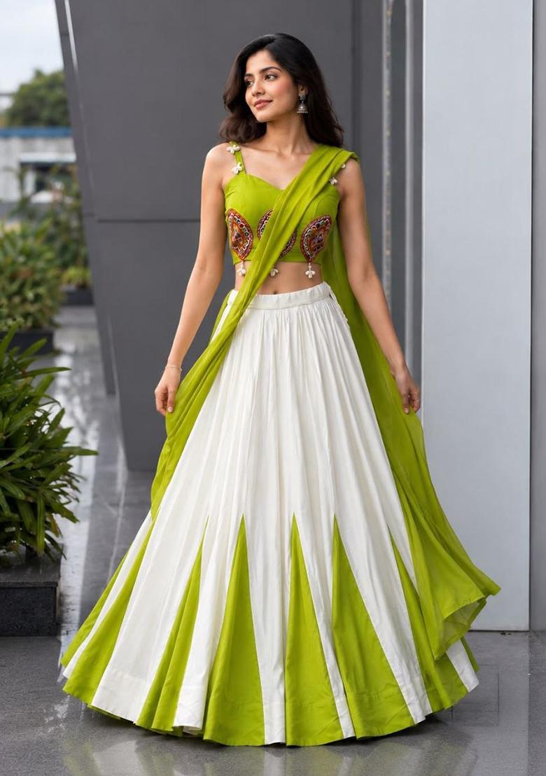 Green Embroidery Cotton Lehenga Set - Indya