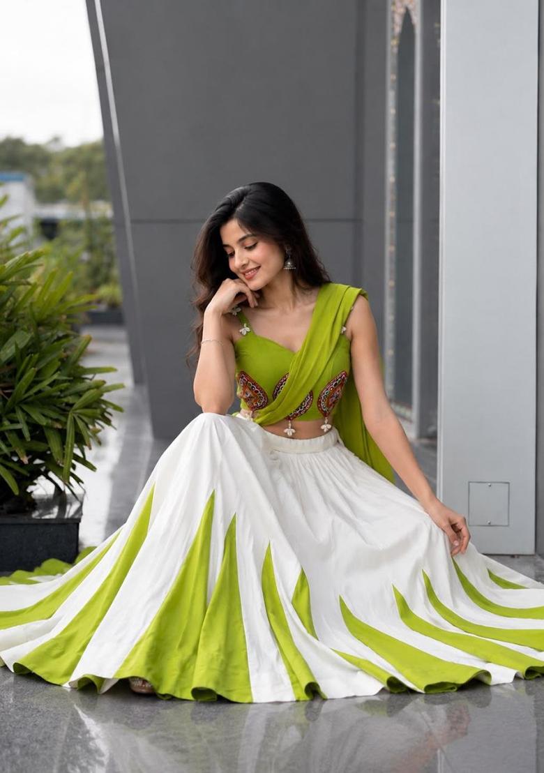 Green Embroidery Cotton Lehenga Set - Indya