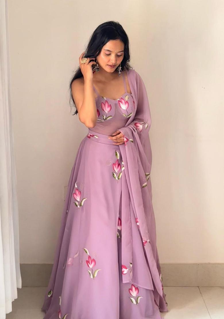 Lavender Hand Painted Georgette Lehenga Set - Indya