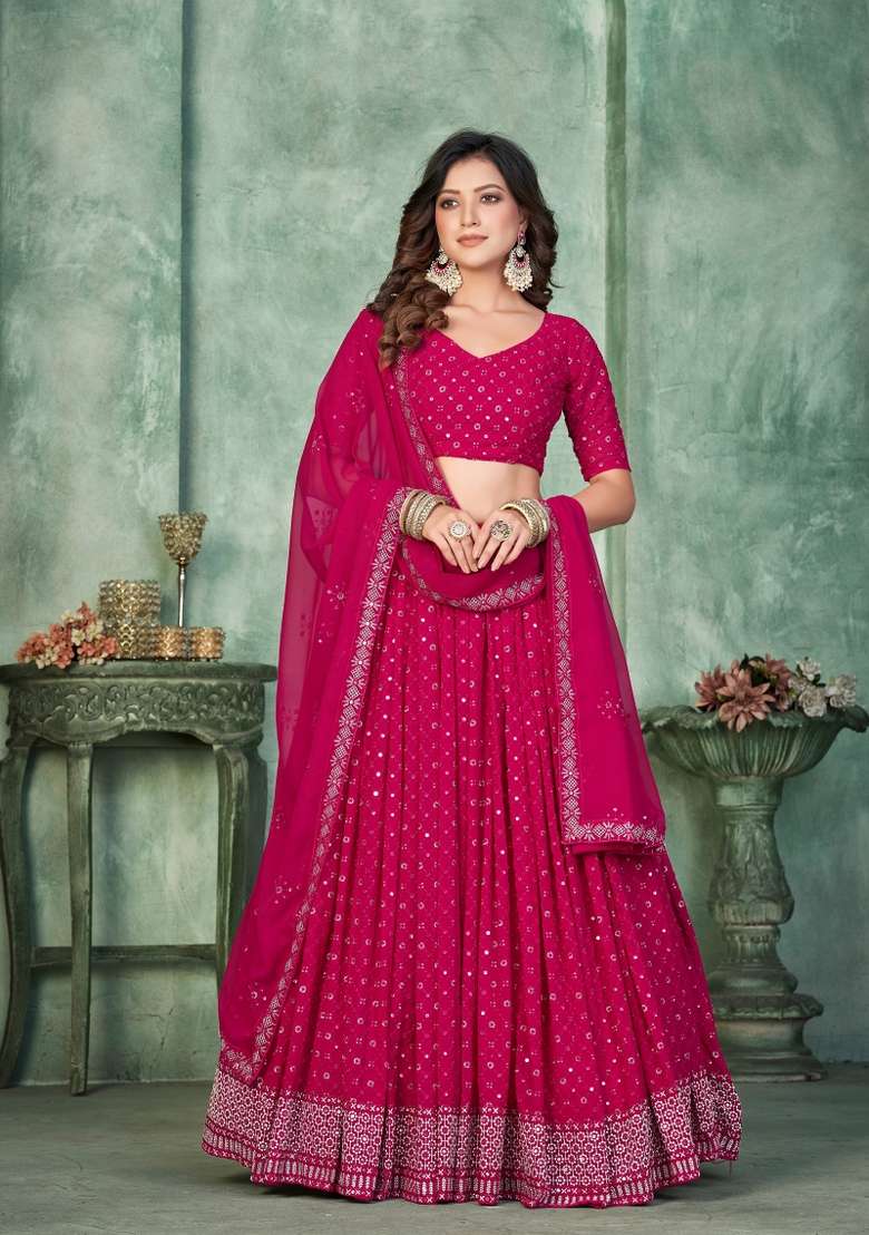 Pink Embroidery Georgette Lehenga Set - Indya