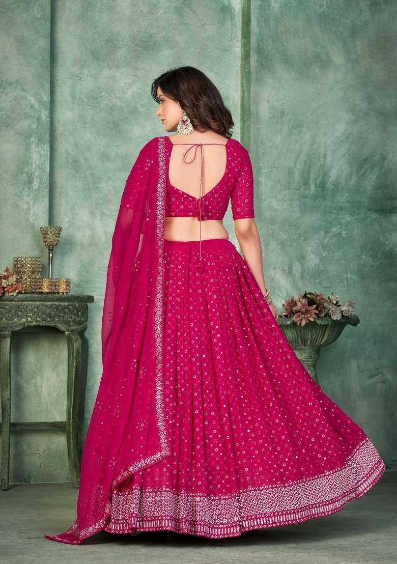 Pink Georgette Lehenga Set with Embroidery for Diwali | Wedding & Festive Wear - Indya