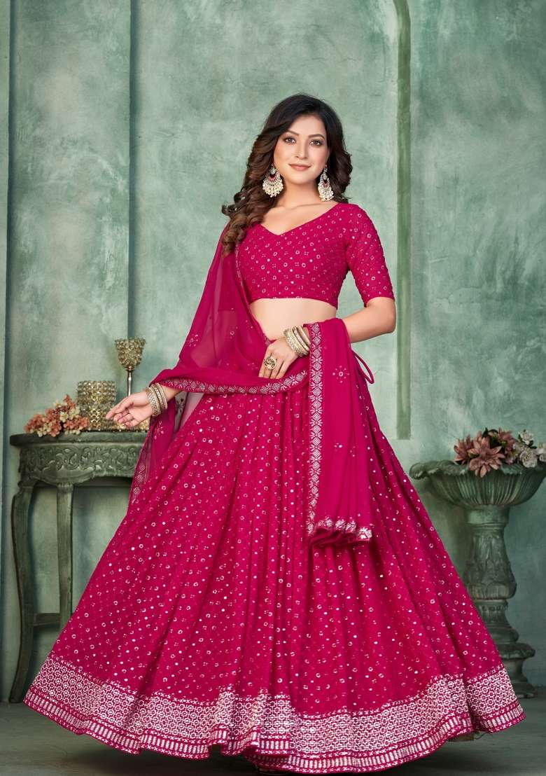 Pink Embroidery Georgette Lehenga Set - Indya