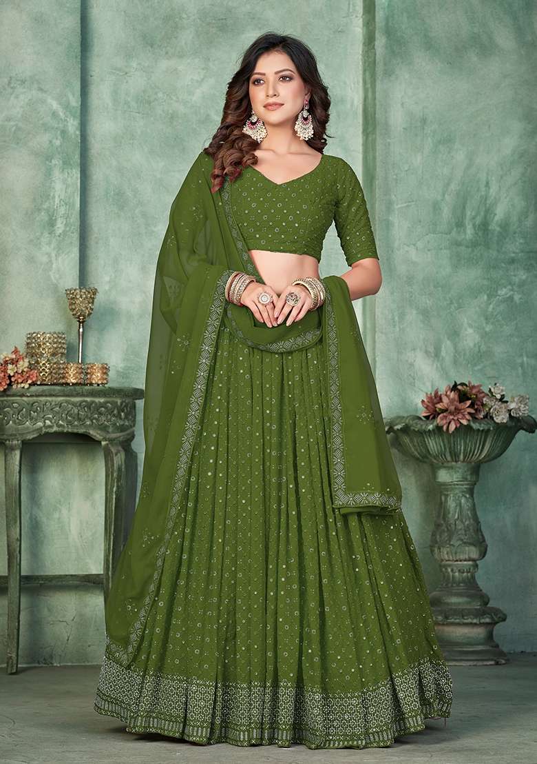 Mehendi Georgette Lehenga Set with Embroidery for Diwali | Wedding & Festive Wear - Indya