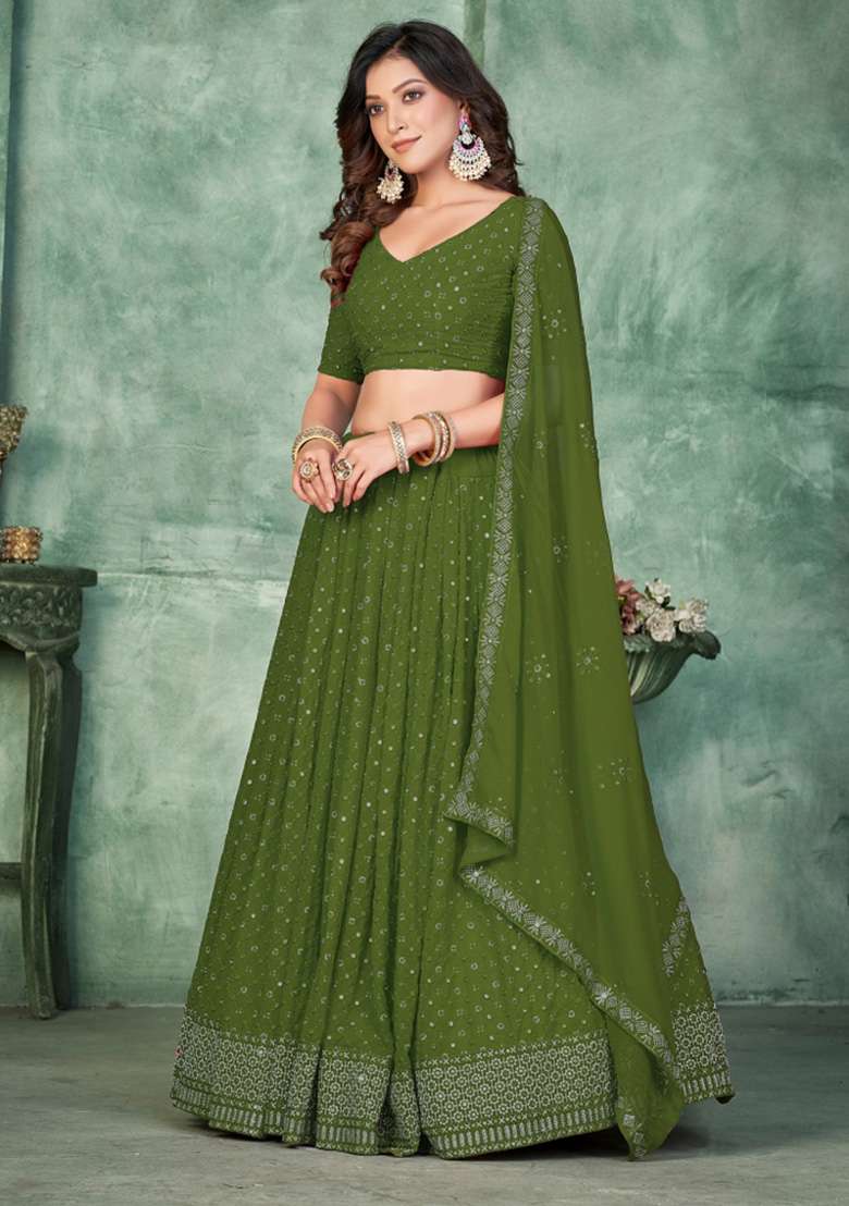 Mehendi Georgette Lehenga Set with Embroidery for Diwali | Wedding & Festive Wear - Indya