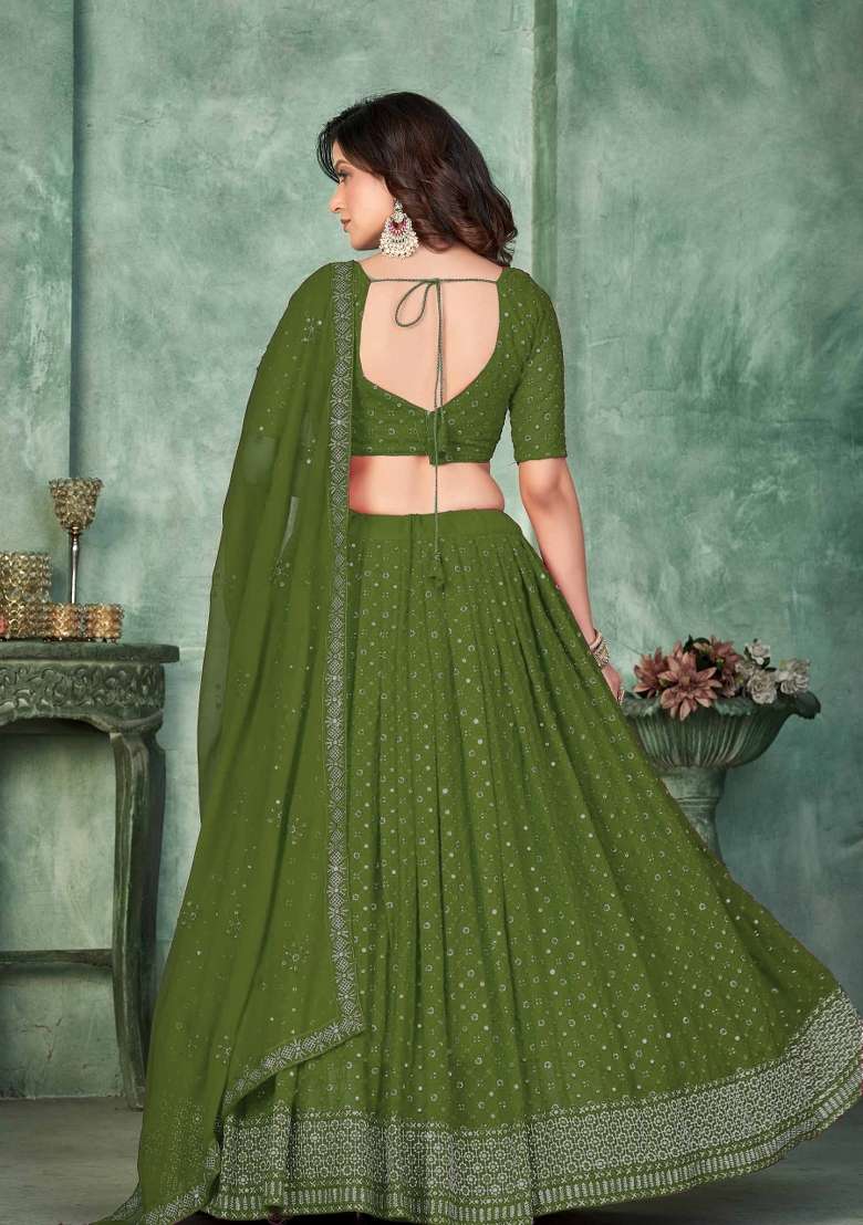 Mehendi Georgette Lehenga Set with Embroidery for Diwali | Wedding & Festive Wear - Indya