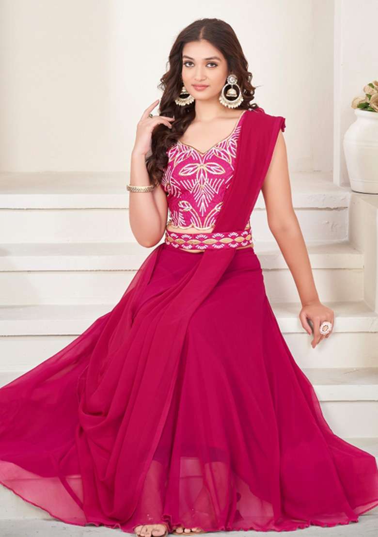 Pink Embroidery Georgette Lehenga Set - Indya