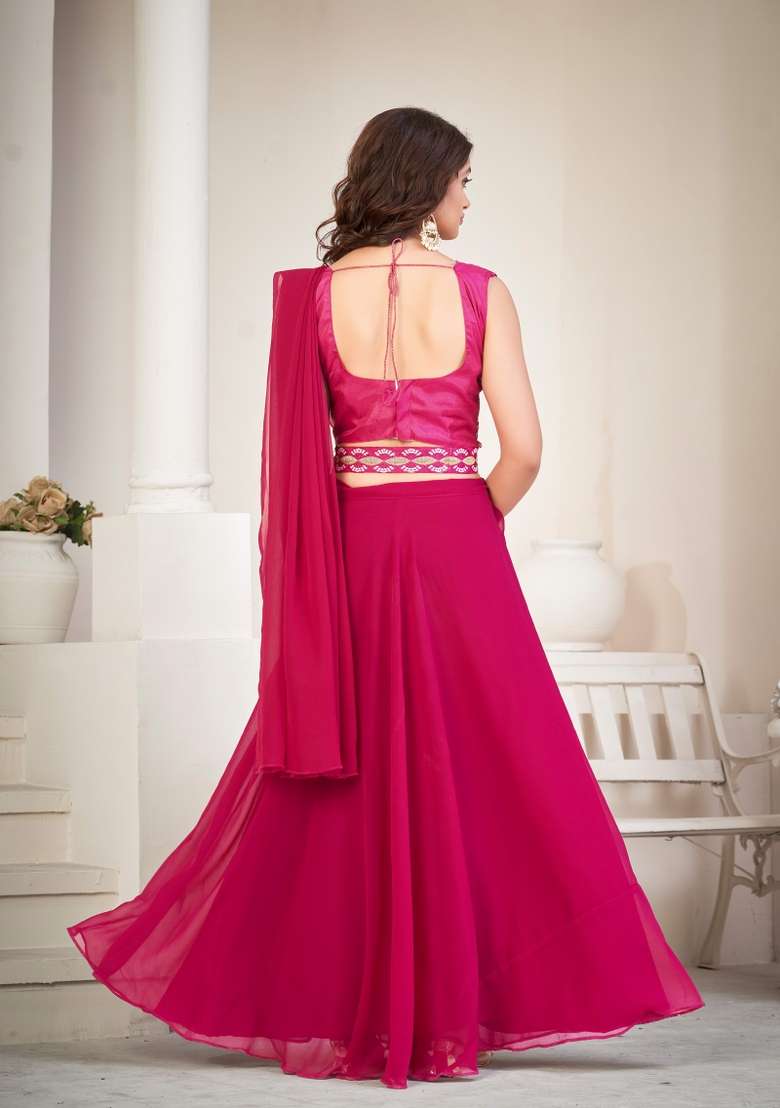 Pink Embroidery Georgette Lehenga Set for Diwali and Festive Wear - Indya