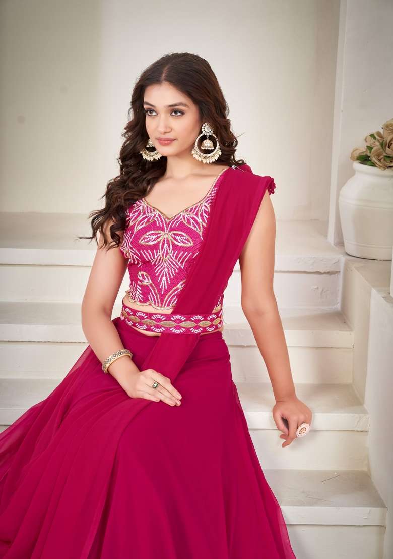 Pink Embroidery Georgette Lehenga Set - Indya