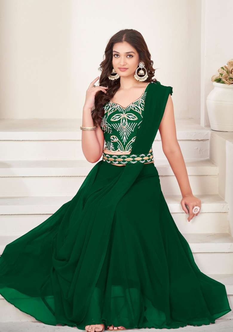 Green Embroidery Georgette Lehenga Set - Indya