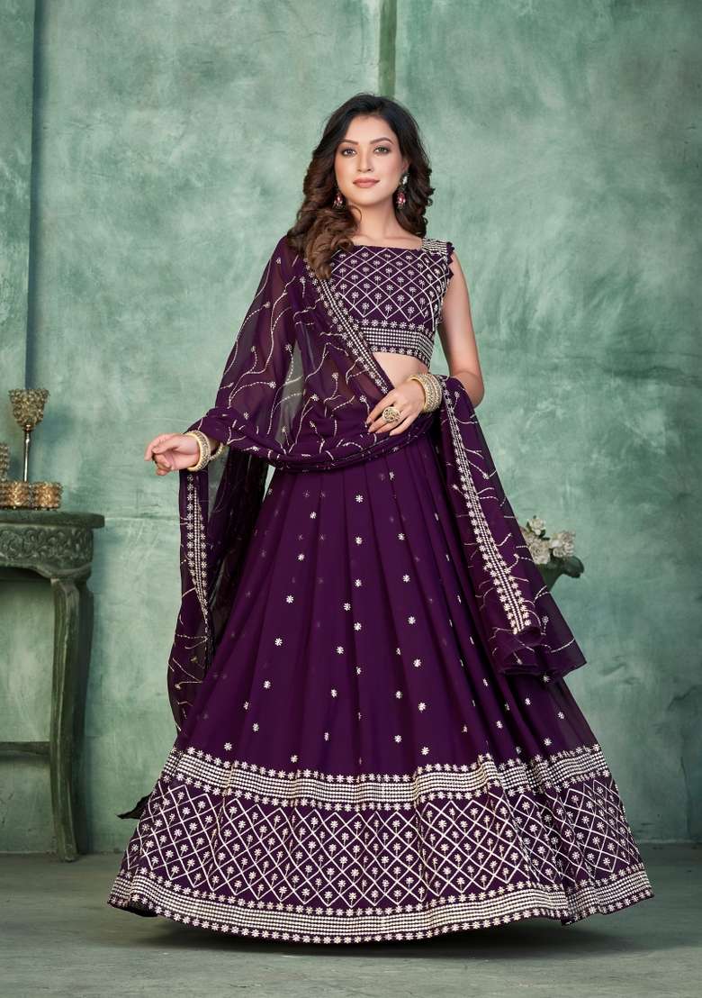 Purple Georgette Lehenga Set with Embroidery for Diwali | Wedding & Festive Wear - Indya