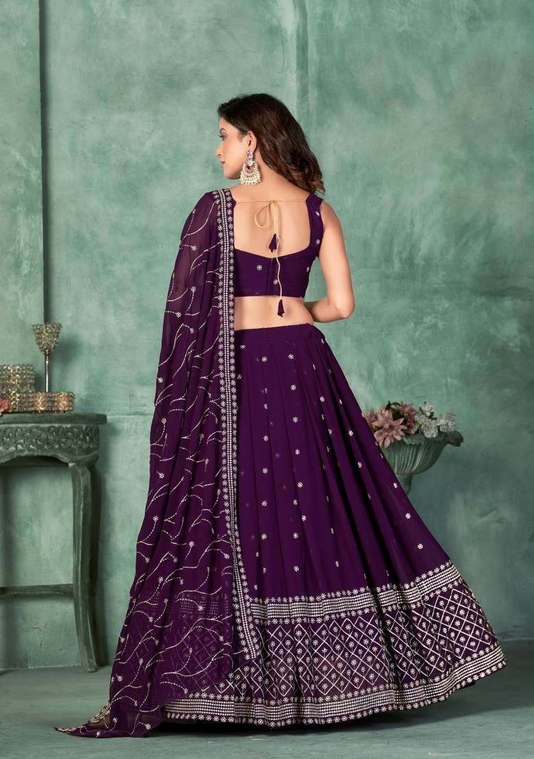 Purple Georgette Lehenga Set with Embroidery for Diwali | Wedding & Festive Wear - Indya