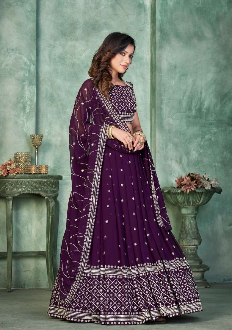 Purple Embroidery Georgette Lehenga Set - Indya