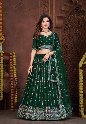Dark Green Embroidery Georgette Lehenga Set