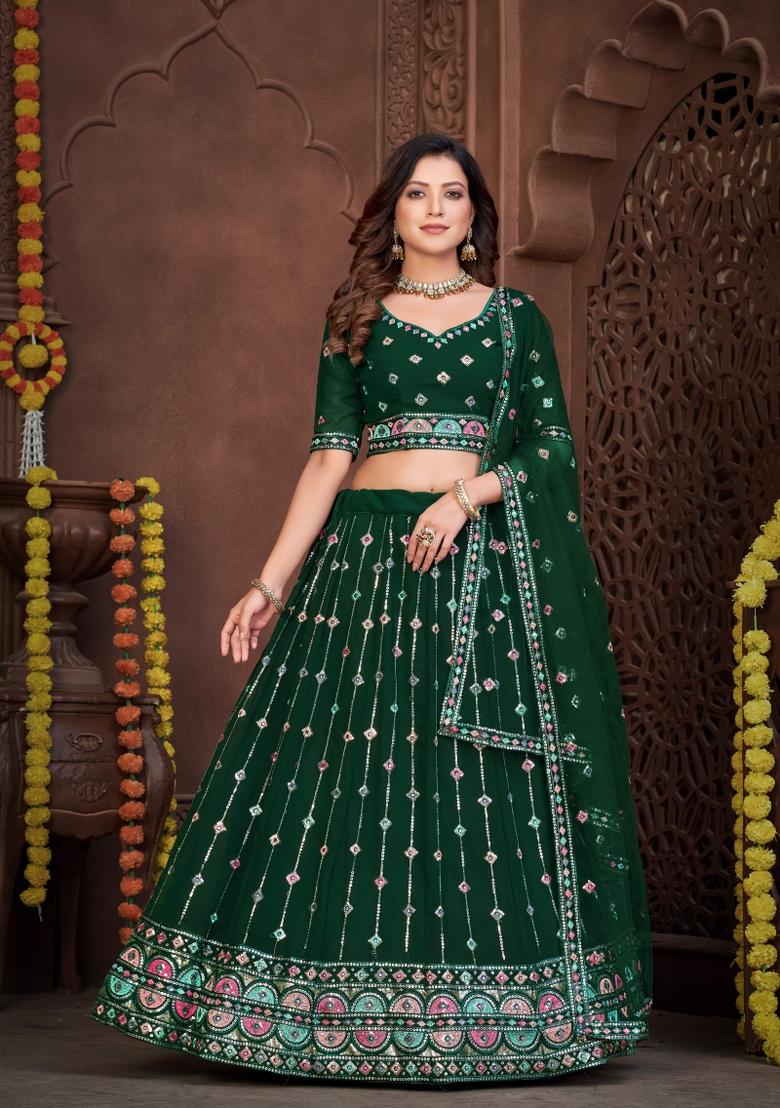 Dark Green Embroidery Georgette Lehenga Set - Indya