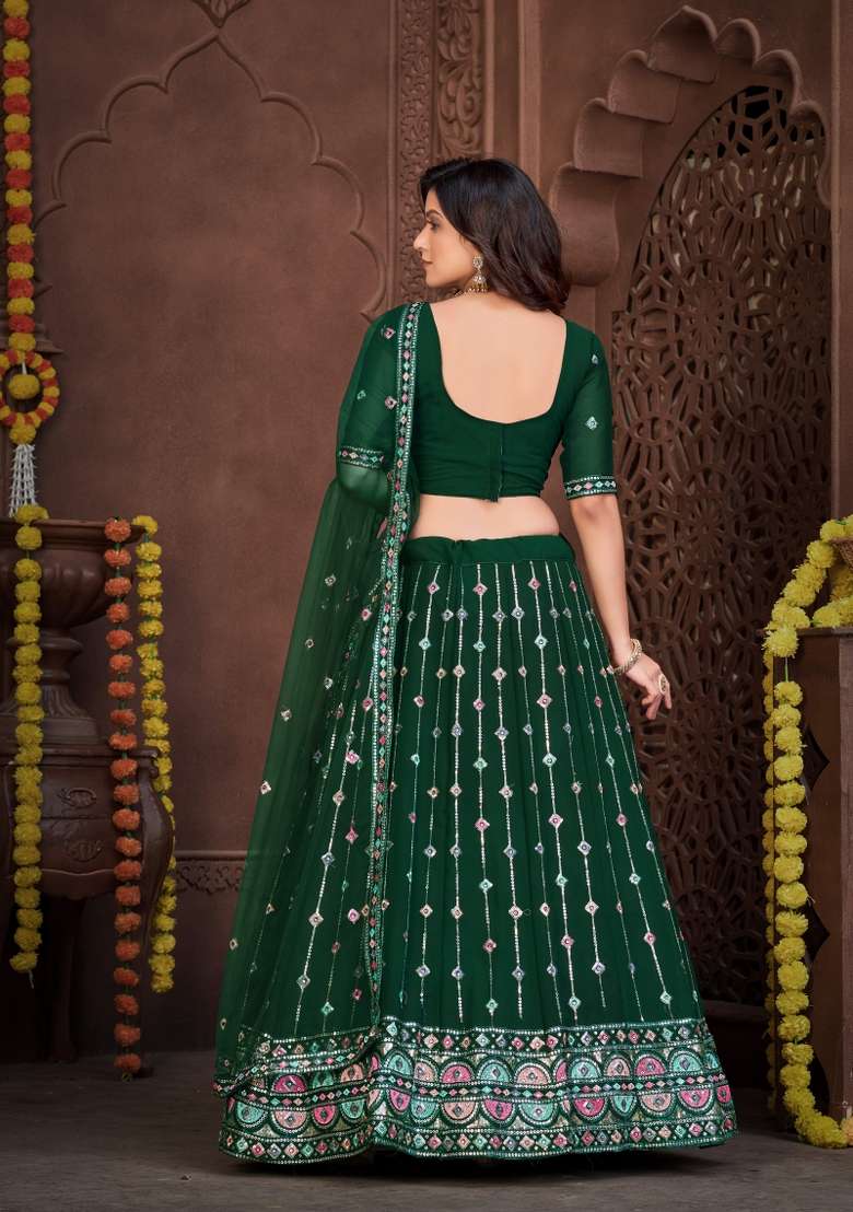 Dark Green Embroidery Georgette Lehenga Set for Diwali and Festive Wear - Indya