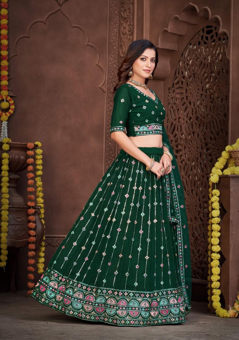 Dark Green Embroidery Georgette Lehenga Set - Indya