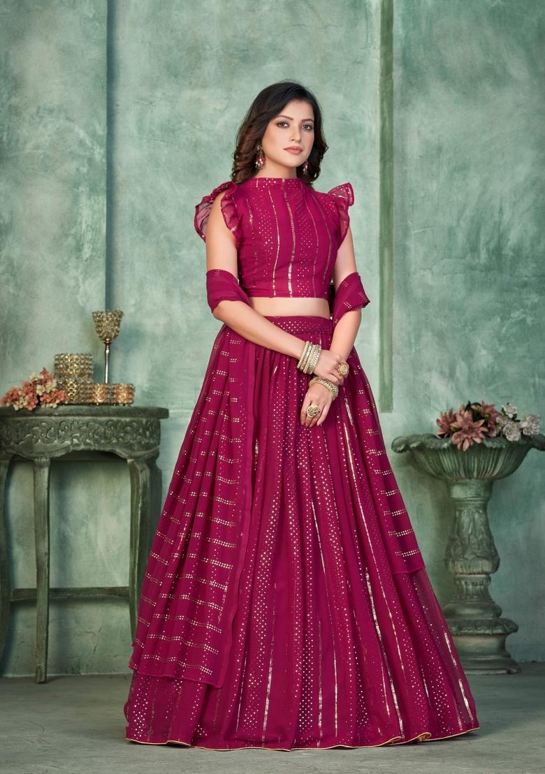 Pink Foil Work Georgette Lehenga Set - Indya
