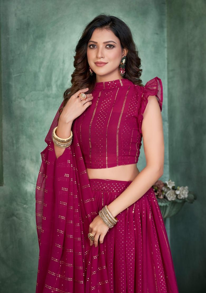 Pink Foil Work Georgette Lehenga Set - Indya
