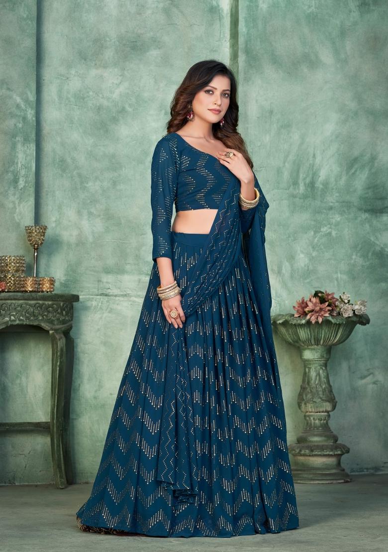 Aqua Blue Foil Work Georgette Lehenga Set - Indya