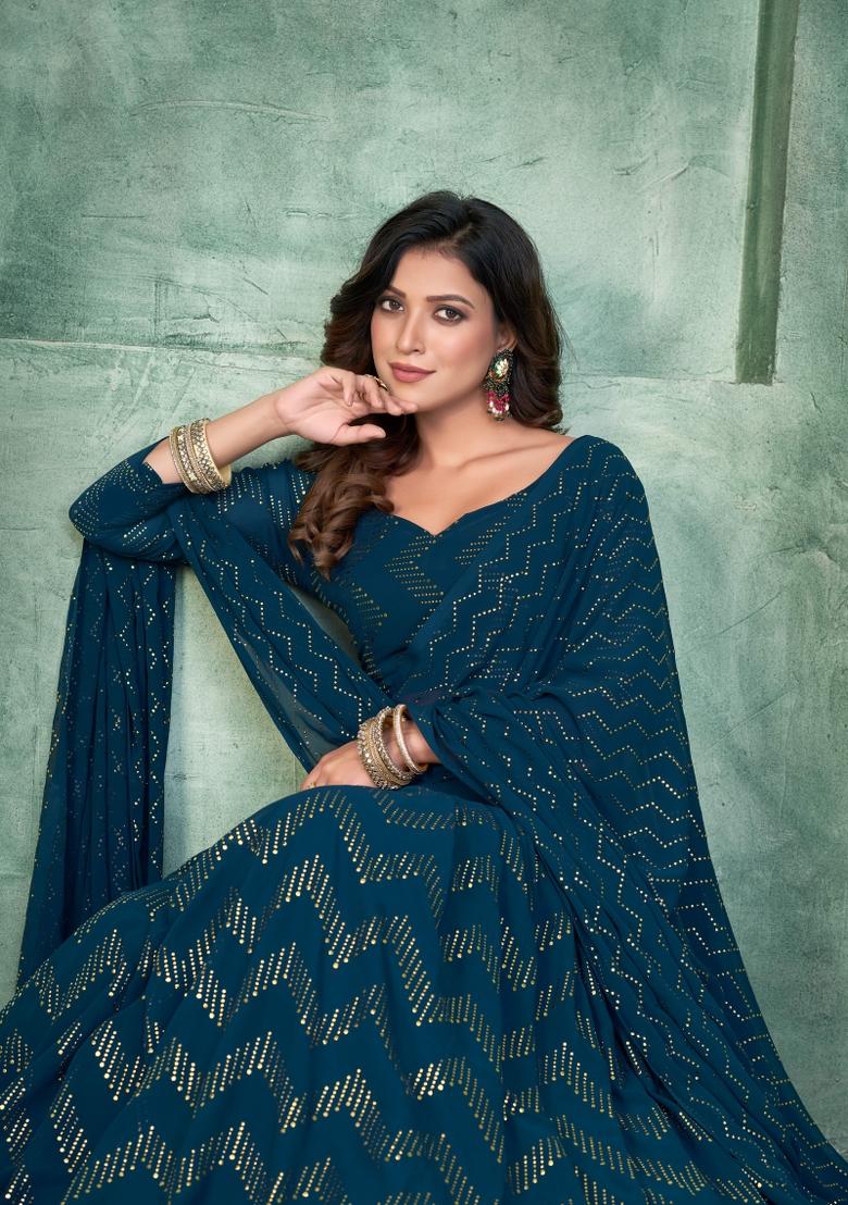 Aqua Blue Foil Work Georgette Lehenga Set - Indya