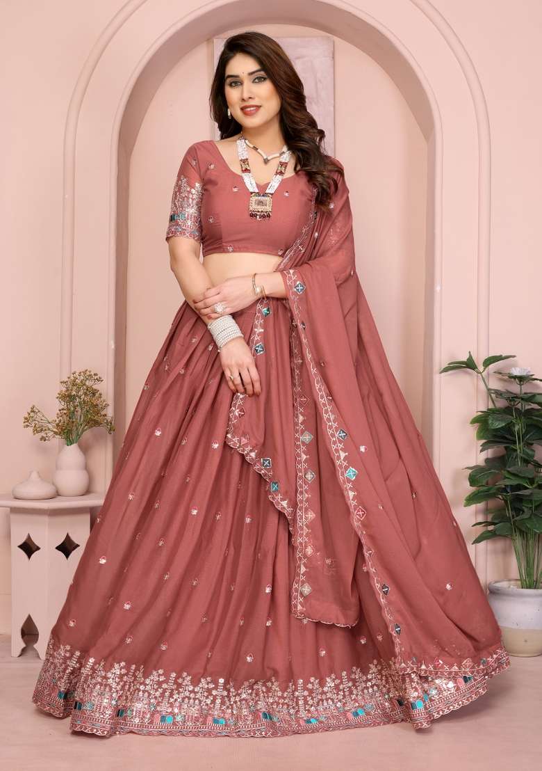 Dusty Rose Embroidery Georgette Lehenga Set for Diwali and Festive Wear - Indya