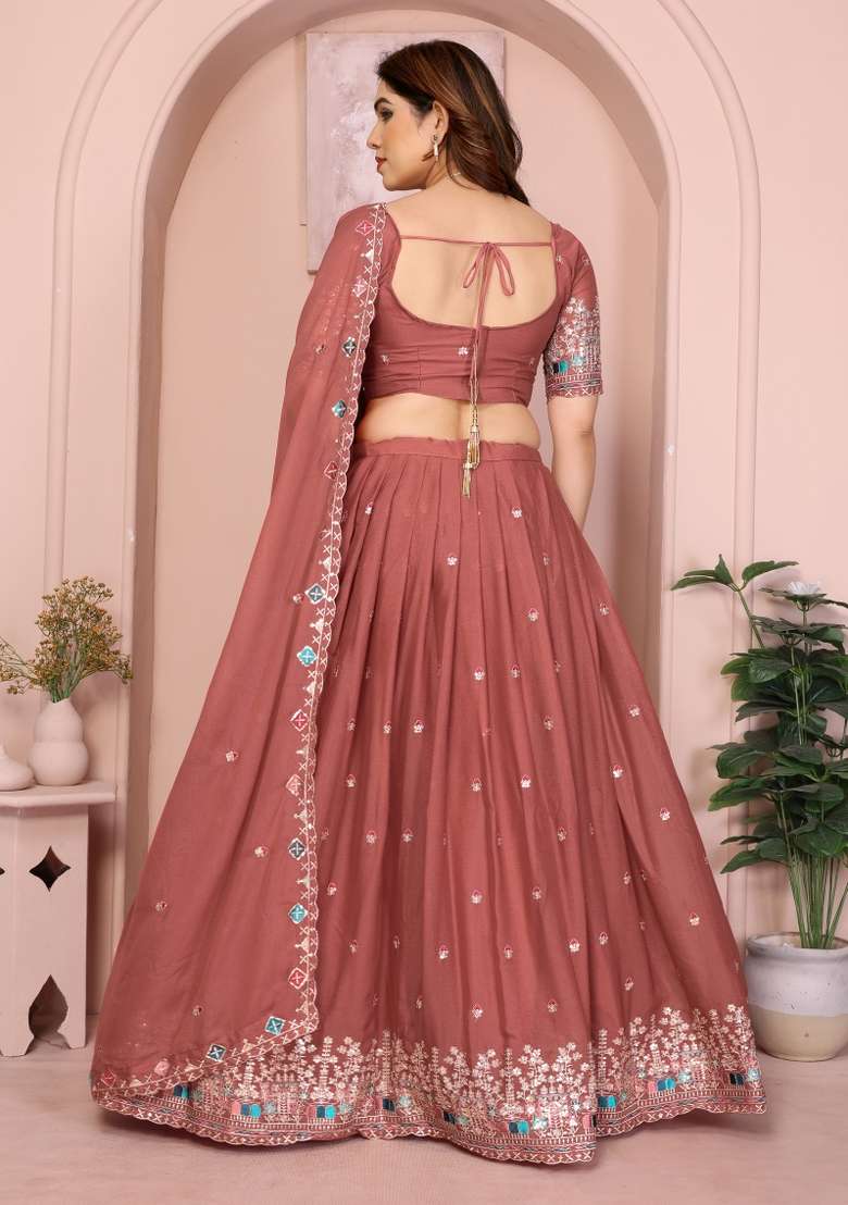 Dusty Rose Embroidery Georgette Lehenga Set for Diwali and Festive Wear - Indya