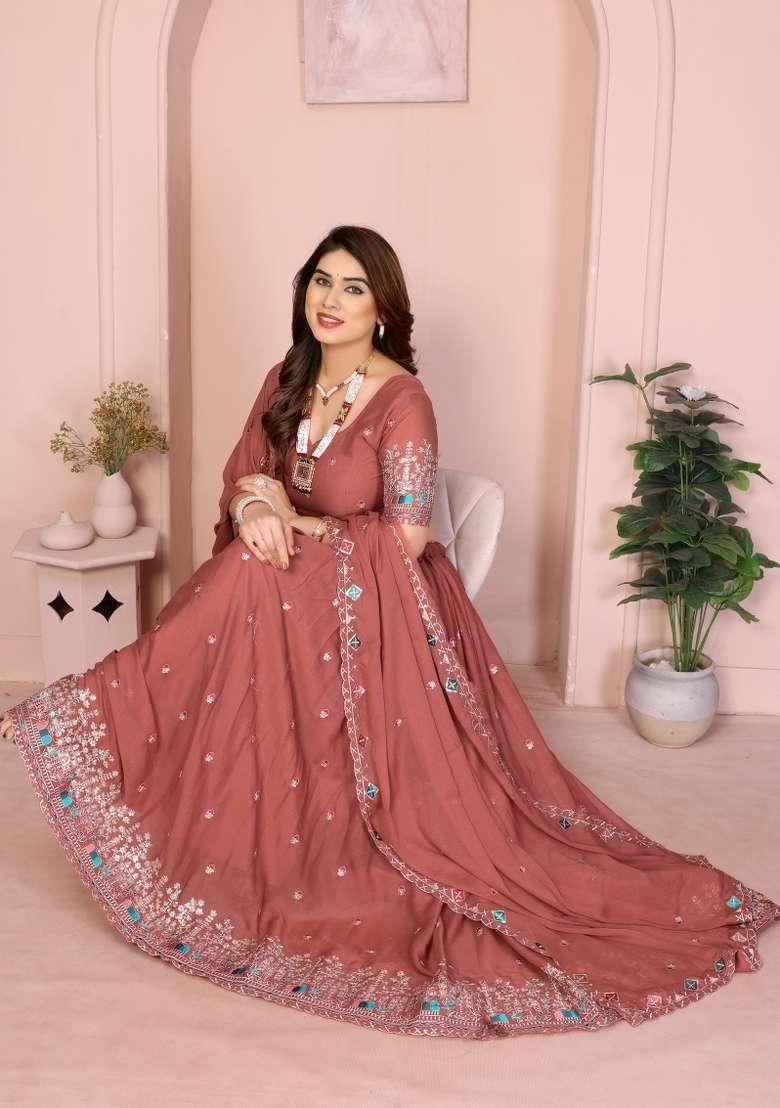 Dusty Rose Embroidery Georgette Lehenga Set for Diwali and Festive Wear - Indya