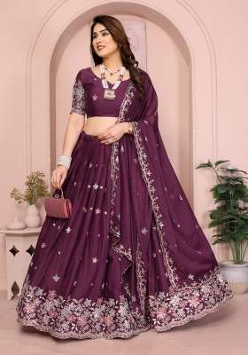 Wine Embroidery Georgette Lehenga Set for Diwali and Festive Wear