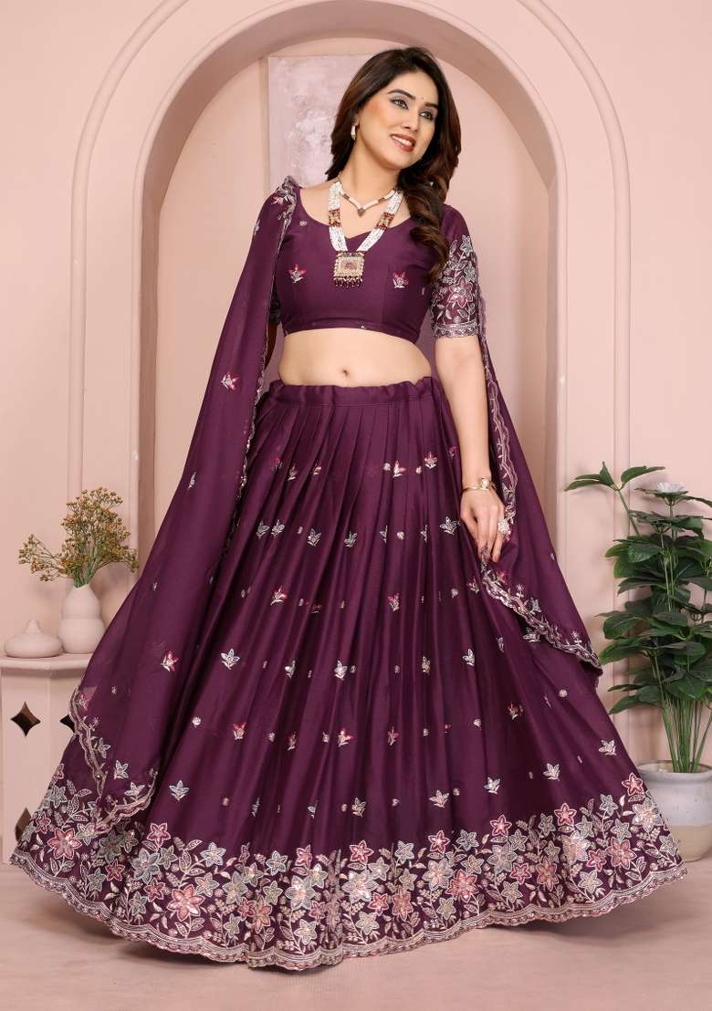 Wine Embroidery Georgette Lehenga Set - Indya